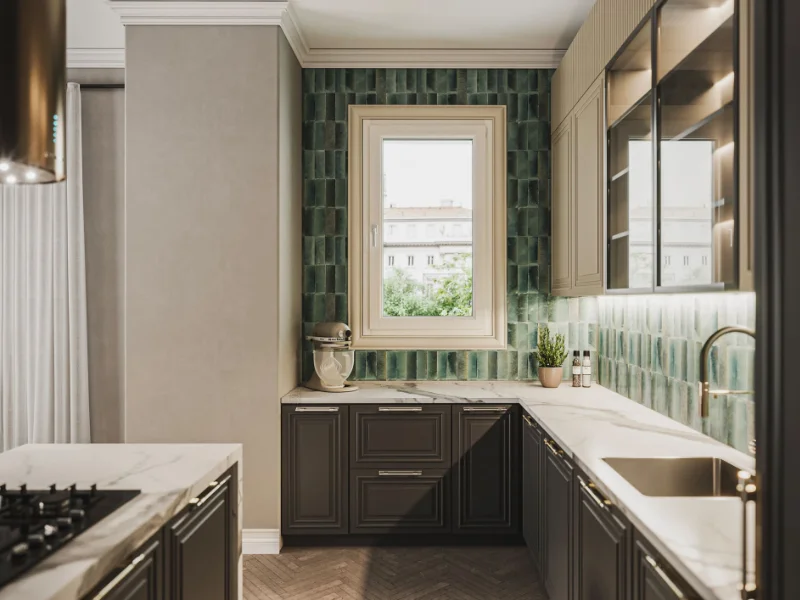 cucina-marrone-e-beige-con-finestra